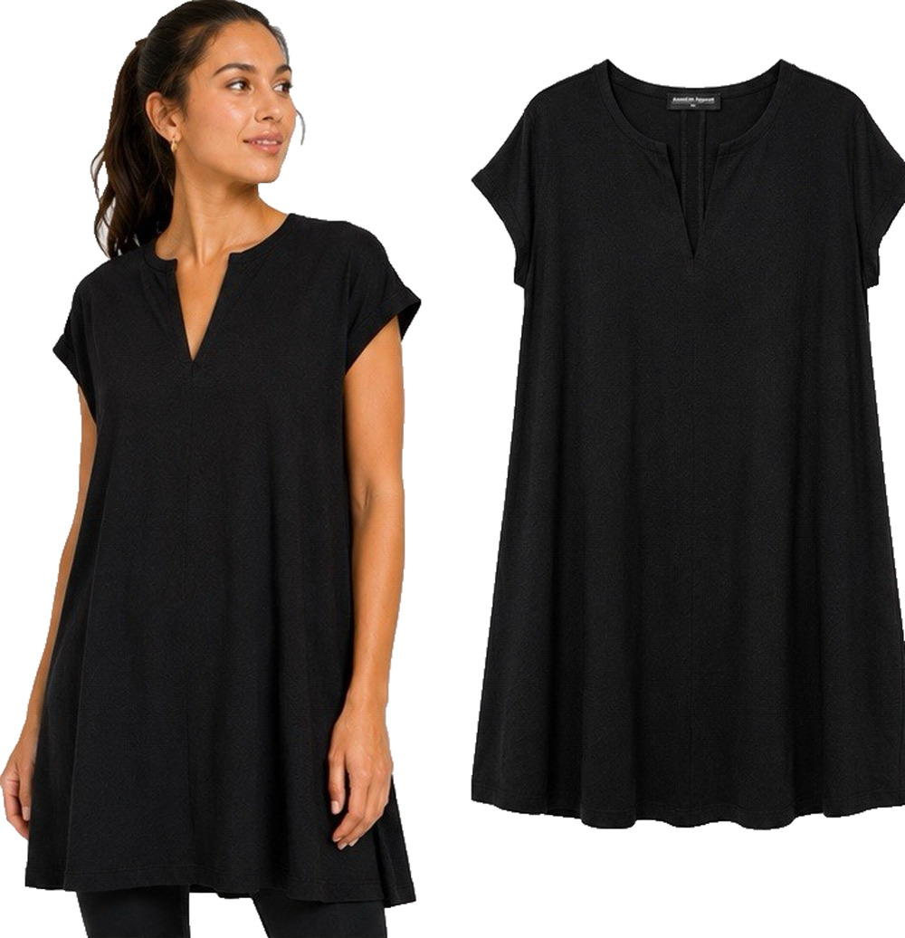AMERICAN APPAREL WOMENS BLACK TUNIC DRESS TOP M/L SHORT SLEEVE V NECK